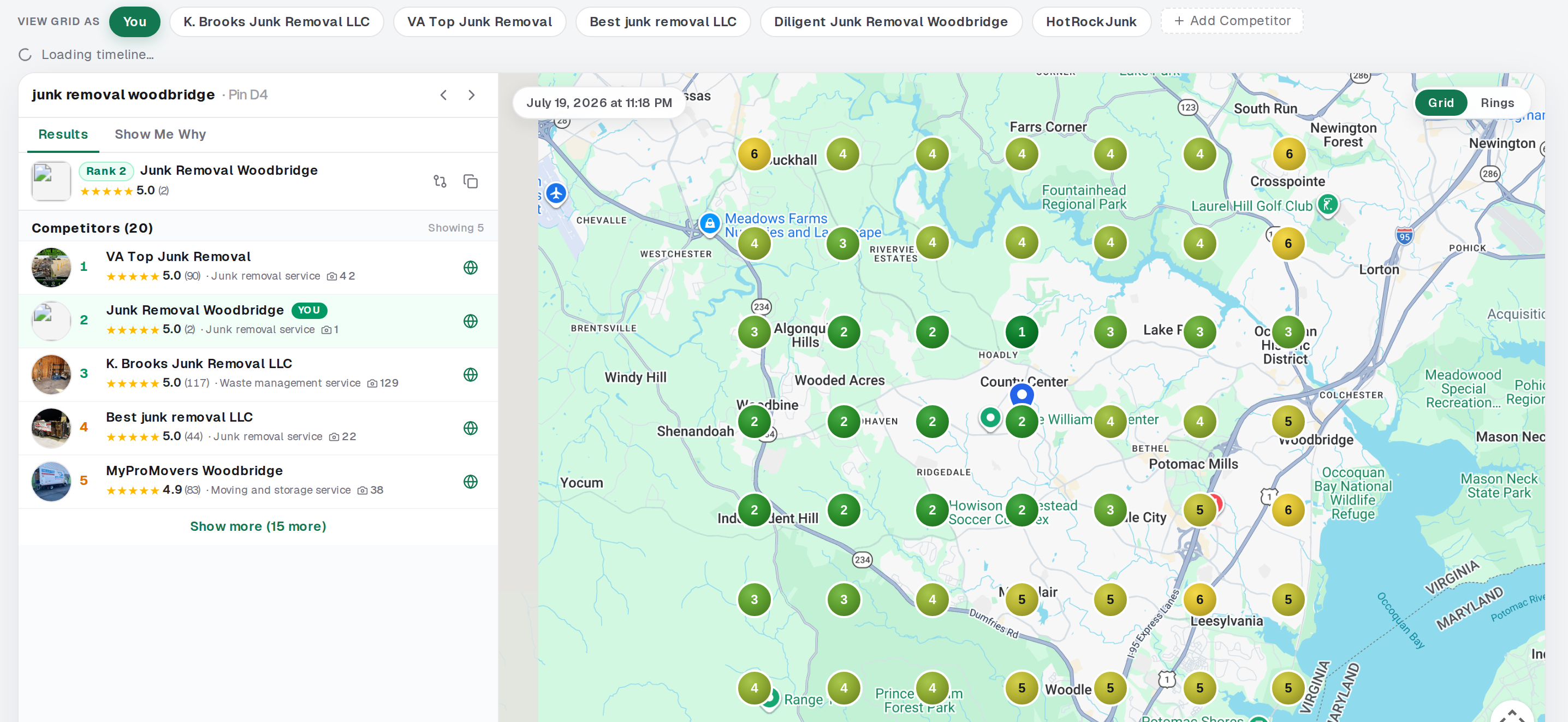Google Maps GeoGrid Rank Checker showing Junk Removal Woodbridge map pins and local results